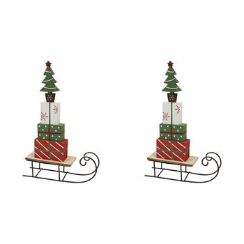 2PK LVD 30x19cm Metal/Wood Sleigh Present Home Decor - Red