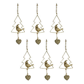 6PK LVD Metal/Beads Hanger Treebird Hanging Ornament 33cm - Gold