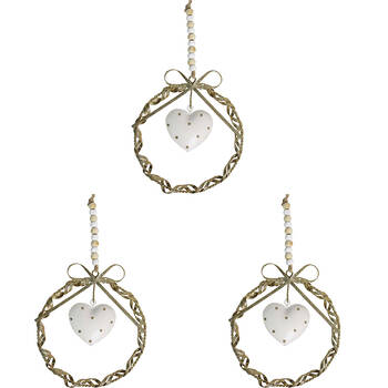3PK LVD Metal/Beads Twist Wreath Heart Hanging Ornament Small - Gold/White