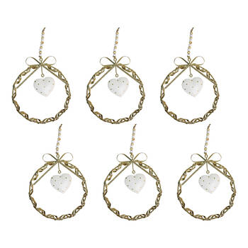 6PK LVD Twist Wreath Heart Large Metal/Beads Hanging Ornament 17x15cm - Gold