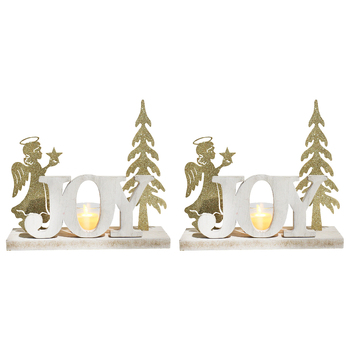 2PK LVD Metal/MDF Fairy Tealight Joy Christmas Decoration - White/Gold