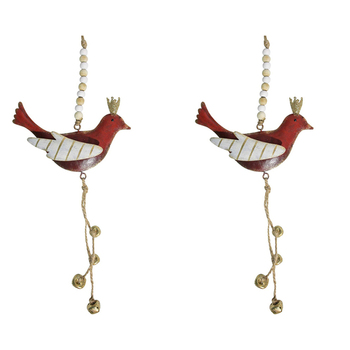 2PK LVD Hanging Bird Redbells Metal/Beads Ornament Decor 32cm