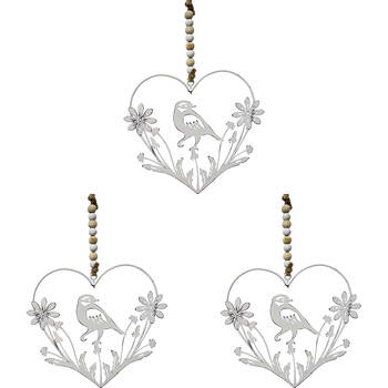 3PK LVD Metal Heart Hanger Birddaisy Home Hanging Decor 17x15cm - White