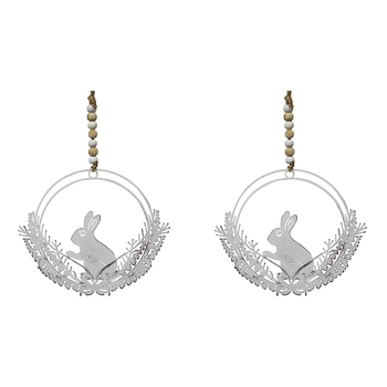 2PK LVD Metal 13cm Rabbit/Botanical Wreath Hanging Decor - White