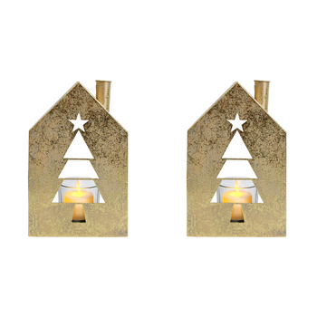 2PK LVD 11x18cm Metal Xmas Tree House Candle Holder Home Decor - Gold