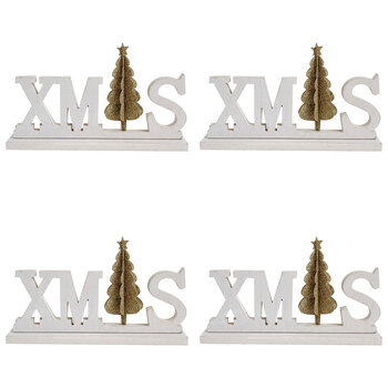 4PK LVD MDF/Metal Xmas Sign Christmas Decoration 11.5x19.5cm - White/Gold