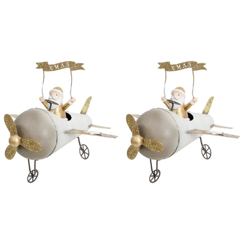 2PK LVD 19x16cm Metal Plane w/ Santa Home Christmas Decor
