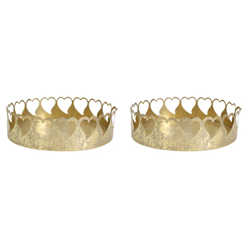 2PK LVD Gold Heart Round 18cm Metal Tray Holder Home Decor