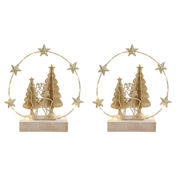 2PK LVD 20x22cm Metal/Wood LED Wire Ring Tree Deer Home Decor - Gold