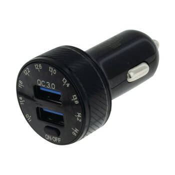 Hulk Dual USB In Car Socket Charger QC3.0 With Voltmeter & Switch Black
