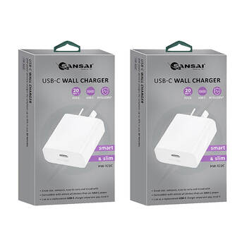 2PK Sansai Low Profile USB-C Wall Charger for Phone & Tablet PD20W White