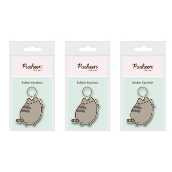 3PK Pusheen Standing Cat Themed Cartoon Novelty Keyring Rubber Keychain Set 