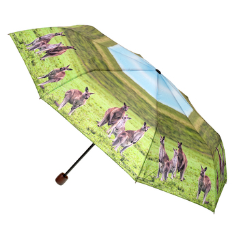 Clifton UPF50+ Kangaroo Print Mini Maxi w/ Dark Wood Handle Umbrella