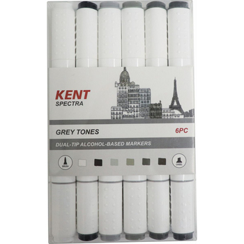 6pc Kent Spectra Graphic Markers Brush Chisel Nib Grey Tones Set 