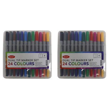 2x 24pc Jasart Dual Nib Brush Fineliner Set Water-Based Ink Marker Set
