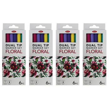 4x 6pc Jasart Dual Nib Brush Fineliner 0.4mm Pen/Marker Set - Floral
