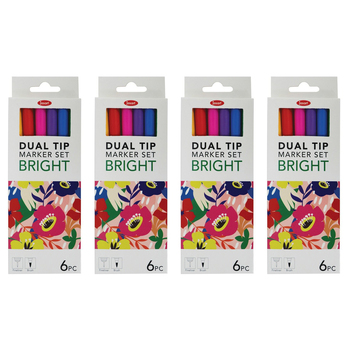 4x 6pc Jasart Dual Nib Brush Fineliner 0.4mm Pen/Marker Set - Bright