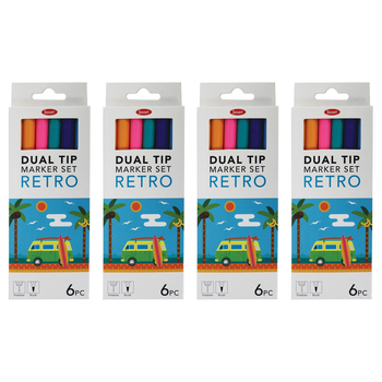 4x 6pc Jasart Dual Nib Brush Fineliner 0.4mm Pen/Marker Set - Retro