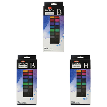 3PK Jasart Byron 18-Colour Pan Watercolour w/ Tin/Brush Set