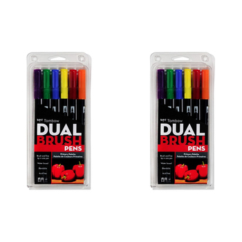 2x 6pc Tombow Dual Brush Pen Marker Drawing/Sketching Set - Primary