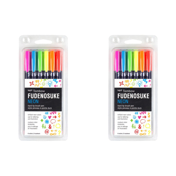 2x 6pc Tombow Fudenosuke Neon Hard Tip Brush Pen Drawing Set