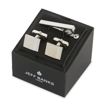 Jeff Banks Stylish Smooth Metal Tie Bar & Cufflinks Set Silver