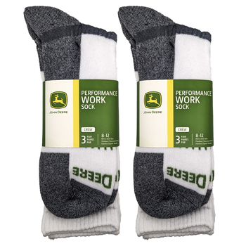 6 Pairs John Deere White/Grey Crew Work Socks Size 8-12 LP73318-JD