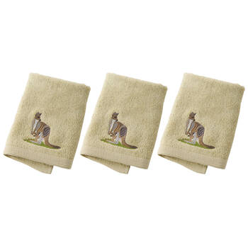 3PK Pilbeam Living Kangaroo Face Washer Embroider Towel 100% Cotton Green 32cm
