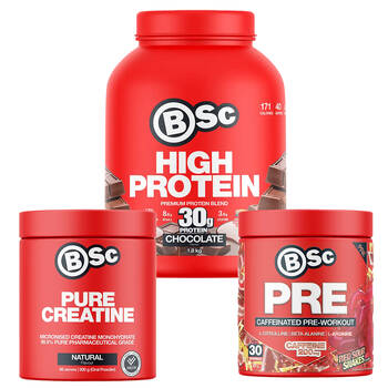 BSc Muscle Combo 1.8kg Choc Protein 200g Creatine 300g Red Sour Snake Preworkout