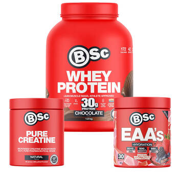 BSc Gym Combo 1.8kg Choc Whey Protein 180g Berry EAA + Hydration 200g Creatine 