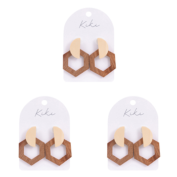 3PK Splosh KiKi Wooden Hexagon Drop Earrings Women Fashion Jewellery 5cm