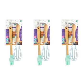 3x 2pc Topchef Silicone/Bamboo Whisk Brush Kids Baking Utensil Set Assorted