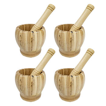 4x 2pc Kitchenware Co Bamboo Kitchen Mortar And Pestle Grinding Set 10cm