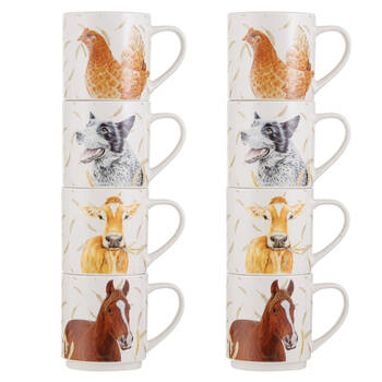 2x 4pc Ashdene Farmyard Faces 2 New Bone China Stackable Drinking Mug 330ml White