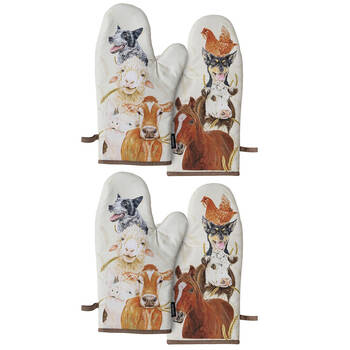 2x 2pc Ashdene Farmyard Faces 2 Kitchen Gloves Oven Mitts Pot Holder 19.5x33cm
