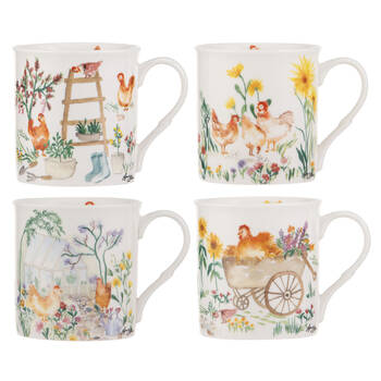 4pc Ashdene Garden Hens New Bone China Drinking Coffee Mug 330ml White