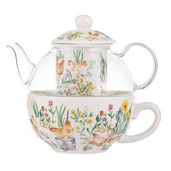 Ashdene Garden Hens Glass Top Tea For One Teapot Cup w/ Infuser 480ml