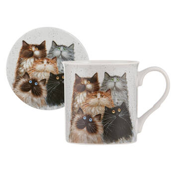 Ashdene Kim's Cats Fluffy Five New Bone China Mug & Coaster Set 330ml White