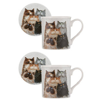 2x Ashdene Kim's Cats Fluffy Five New Bone China Mug & Coaster Set 330ml White