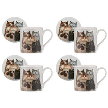 4PK Ashdene Kim's Cats Fluffy Five New Bone China Mug & Coaster Set 330ml White
