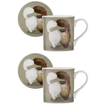 2x Ashdene Kim's Cats Double Puff New Bone China Mug & Coaster Set 330ml Green