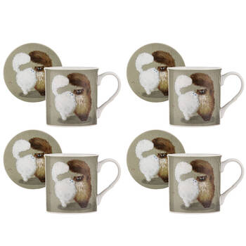 4PK Ashdene Kim's Cats Double Puff New Bone China Mug & Coaster Set 330ml Green