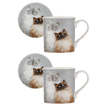 2x Ashdene Kim's Cats Sully & Bucky New Bone China Mug Coaster Set 330ml Blue