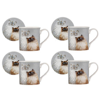 4PK Ashdene Kim's Cats Sully & Bucky New Bone China Mug Coaster Set 330ml Blue