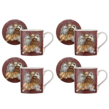 4x 2pc Ashdene Kim's Cats Friends Family Bone China Mug Coaster Set 330ml Red