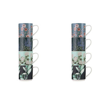 2x 4pc Ashdene Secret Garden Stackable New Bone China Drinking Mug 330ml Blue