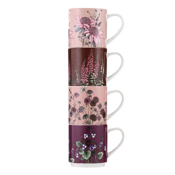 4pc Ashdene Secret Garden Stackable New Bone China Drinking Mug 330ml Pink