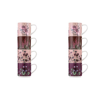 2x 4pc Ashdene Secret Garden Stackable New Bone China Drinking Mug 330ml Pink