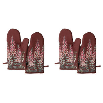 2x 2pc Ashdene Secret Garden Kitchen Gloves Oven Mitts Pot Holder 19.5x33cm Maroon