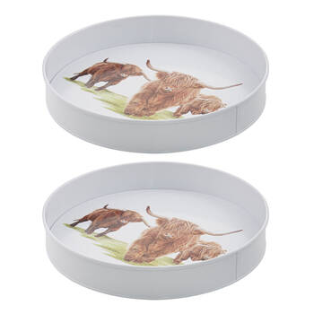 2PK Ashdene Highland Herd Galvanise Steel Round Serving Tray White 30.5x30.5cm